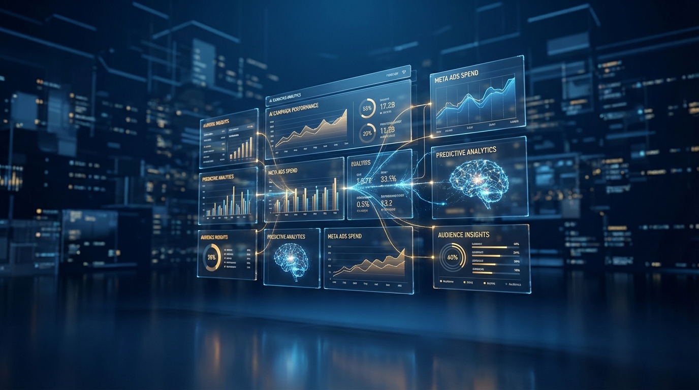 AI-enhanced Meta analytics dashboard showing performance insights and data-driven campaign optimization