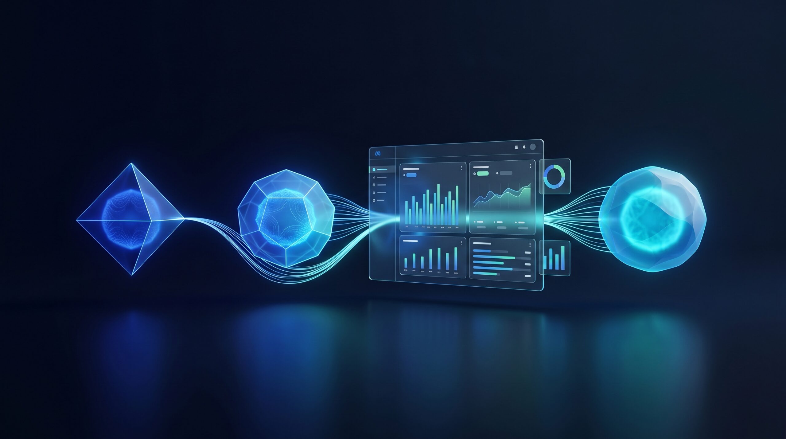 Three glowing AI agent nodes connected by data streams to a Meta ads performance dashboard